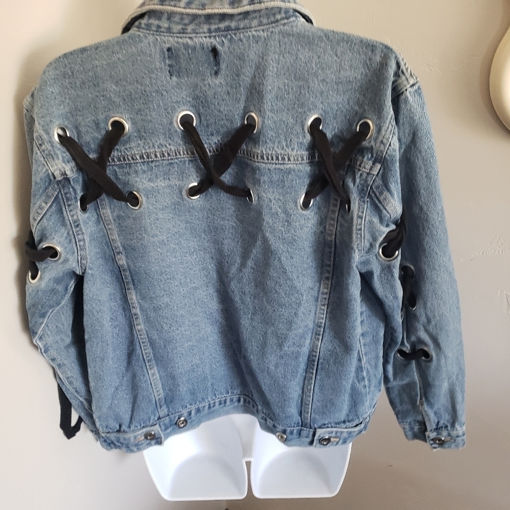 Love Tree Jean Denim Jacket Black Lace Up Arms Back Denim Small - Picture 5 of 7